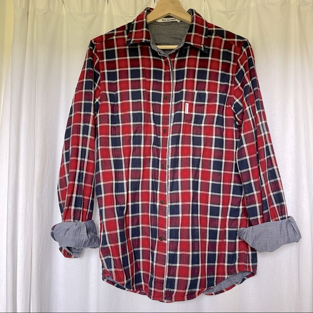 Ben Sherman double-cloth reversible button up shirt, plaid / chambray